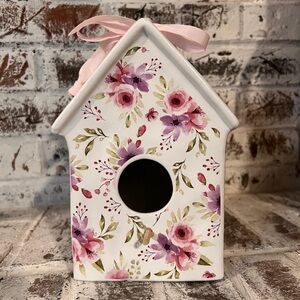 Floral Ceramic Birdhouse with Pink Accents